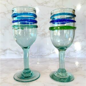 Pair of Pier 1 Retired Hand Blown Turquoise Cobalt Green Band Glass Goblets